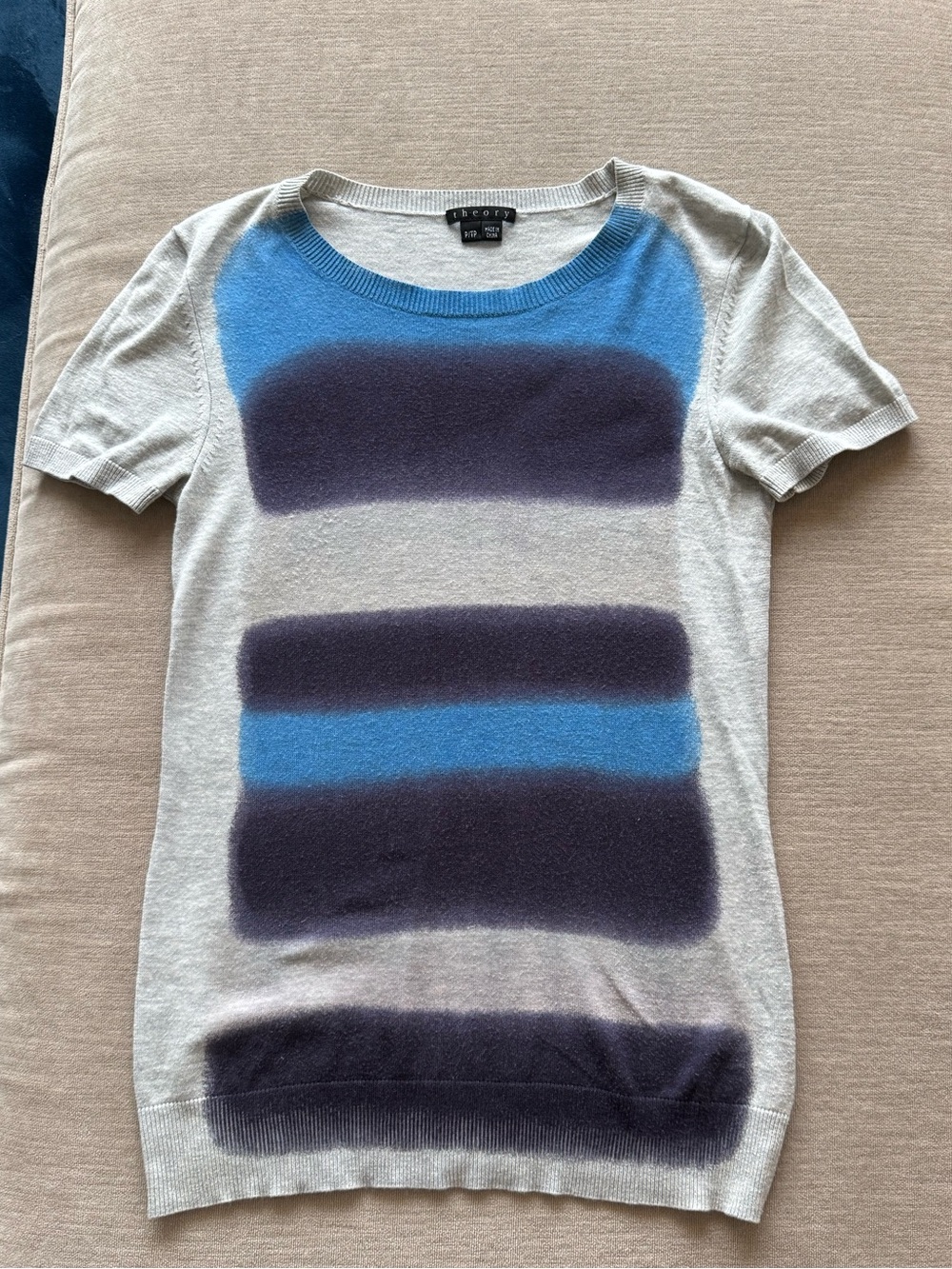 Theory Crewneck Sweater Top in Light Gray with Bright Blue and Navy Color Blocks